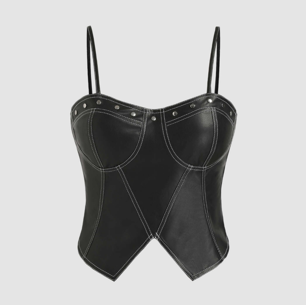Black Faux Leather White Stitching Corset Top 10-12